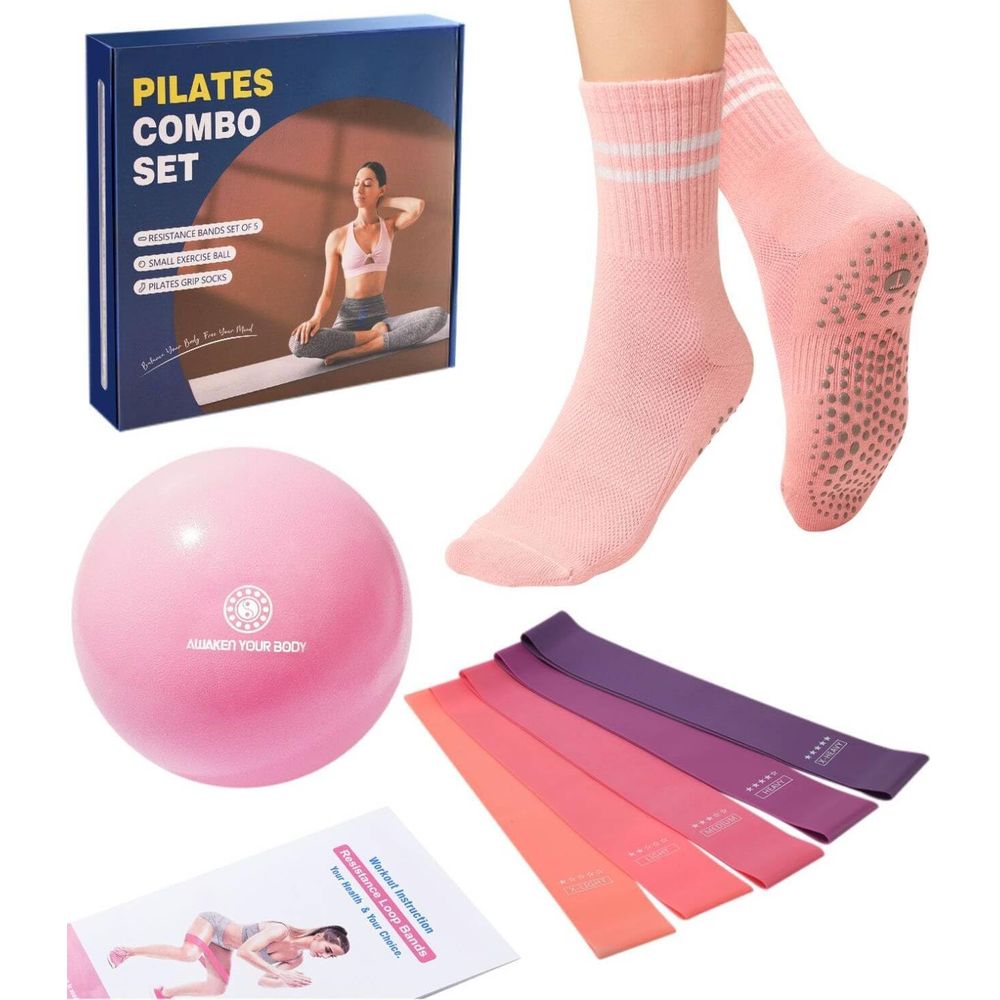 Pilates Yoga Ball Workout - Pilates Ball, Resistance Bands, Grip Socks,